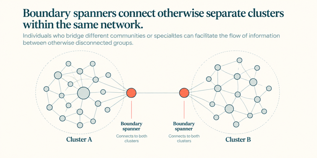 Diagram showing two clusters within the same network connected by boundary-spanning KOLs, illustrating how information can flow between otherwise separate groups